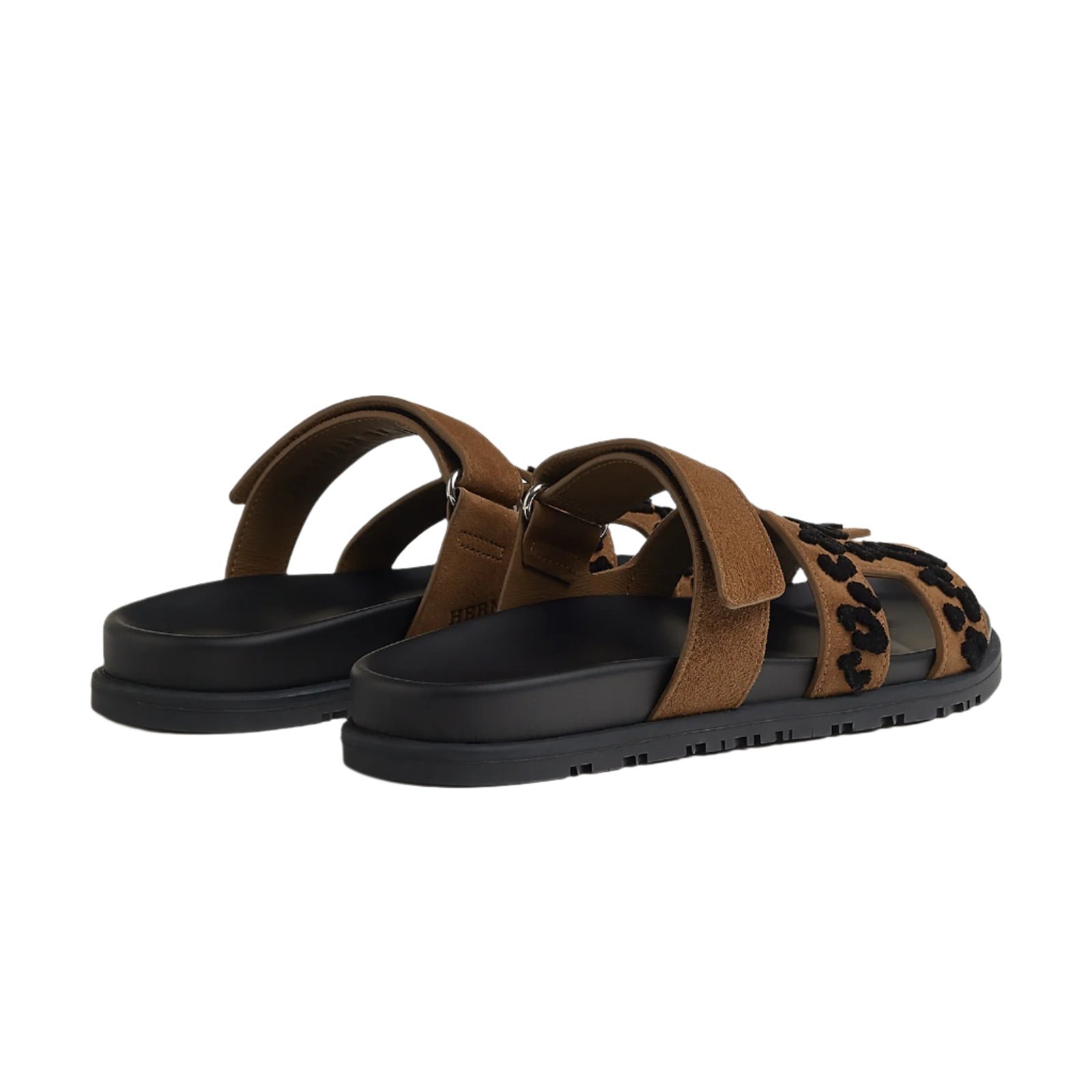 Hermes Suede Goatskin Tufted Leopard Womens Chypre Sandals Brun Fume Black - Image 3