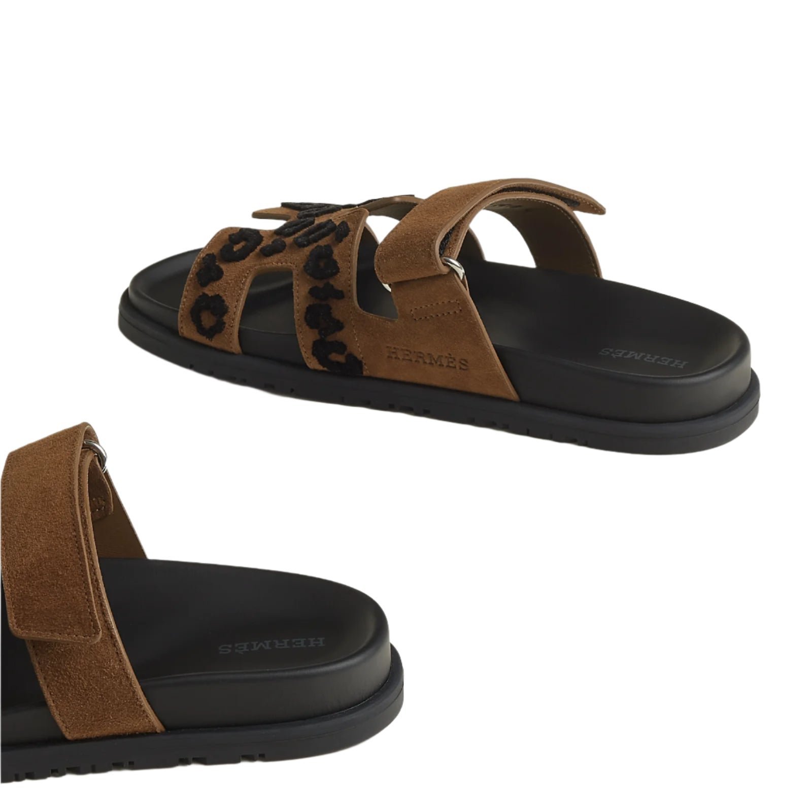 Hermes Suede Goatskin Tufted Leopard Womens Chypre Sandals Brun Fume Black - Image 4