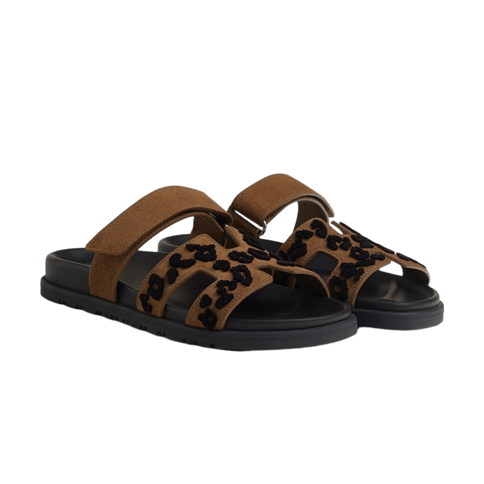 Hermes Suede Goatskin Tufted Leopard Womens Chypre Sandals Brun Fume Black - Image 2