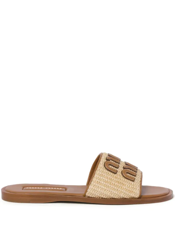 Miu Miu Raffia-effect woven Beig slides